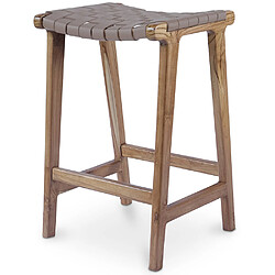 ICONIK INTERIOR Tabouret en bois - Design Boho Bali - Cuir - Recia Marron