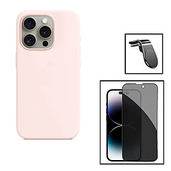 PHONECARE Kit Film Verre Trempé 5D Anti-Spy + Coque Silicone Liquide + Support Magnétique de Voiture pour Apple iPhone 15 Pro Max - Rose