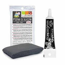 Scrapcooking Pâte à sucre grise 100 g + Stylo de glaçage noir 