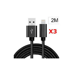 Little Boutik X3 Cable Metal Nylon Renforce Chargeur USB Couleur Noir pour IPhone Longueur 2m Tréssé Compatible IPhone 6 6S 7 8 X Xr 11 12 X3 