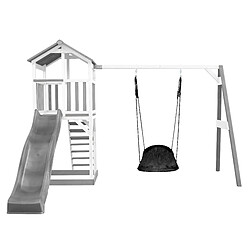 AXI Beach Tower Aire de Jeux avec Toboggan en gris, Balançoire Nid d'oiseau noir & Bac à Sable | Grande Maison enfant extérieur en gris & BLANC | Cabane de Jeu en Bois FSC