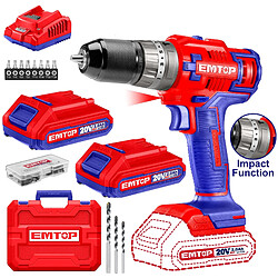 Perceuse visseuse à percussion Sans Fil EMTOP 20V avec 1 chargeur + 2 Batteries Lithium-ion 2.0Ah 45Nm 18+1+1 Réglages de Couple 2 Vitesses LED 55 Accessoires 3 forets à maçonnerie Boîte en plastique+EMTOP Perceuse visseuse à percussion Sans Fil EMTOP 20V avec 1 chargeur + 2 Batteries Lithium-ion 2.0Ah 45Nm 18+1+1 Réglages de Couple 2 Vitesses LED 55 Accessoires 3 forets à maçonnerie Boîte en plastique+Rouge et bleu