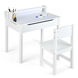 Helloshop26 Bureau pour enfants avec tabouret et plateau rabattable table à dessin en pin polyvalent avec rouleau de papier pour enfants de 3 ans+ blanc 20_0008022 