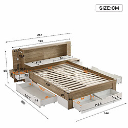 Avis KOMHTOM Lit double 140x200cm avec 2 tables de chevet LED, plusieurs tiroirs, Panneaux de particules MDF, couleur chêne blanc