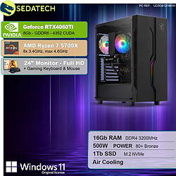 Sedatech Pack PC Gamer • AMD Ryzen 7 5700X • RTX4060Ti • 16Go RAM • 1To SSD M.2 • Windows 11 • Moniteur 24''