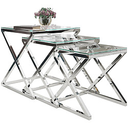 Vivenla Ensemble de 3 tables gigognes design en acier inoxydable argenté avec plateau en verre trempé transparent Collection Pesaro L. 35-40-45 x P. 35-40-45 x H. 36-41-46 cm PESARO