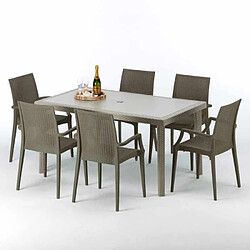 Grand Soleil Table rectangulaire et 6 chaises Poly rotin resine ensemble bar cafè exterieur 150x90 Beige Marion, Chaises Modèle: Bistrot Arm Marron Moka