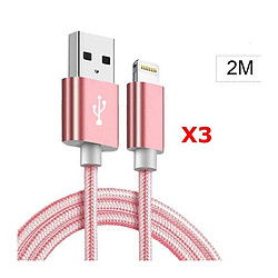 Little Boutik X3 Cable Metal Nylon Renforce Chargeur USB Couleur Rose pour IPhone Longueur 2m Tréssé Compatible IPhone 5s 6 6S 7 8 X Xr X3 Li 