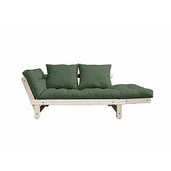 Inside 75 Banquette méridienne futon BEAT pin naturel tissu coloris vert olive couchage 75*200 cm.