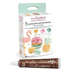 Scrapcooking 3 colorants alimentaires rose poudré, vert d'eau, doré + 1 Stylo chocolat 