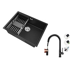 Auralum MAX Évier Cuisine 1 Bac 60*44*20CM,inox 304,à Encastrer/sous-plan avec Panier Drainage,Noir+Robinet Cuisine avec Douchette Extractible,Noir