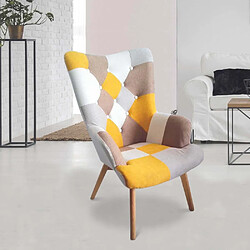 The Home Deco Factory Fauteuil en tissu patchwork pieds en bois brut Alta jaune.