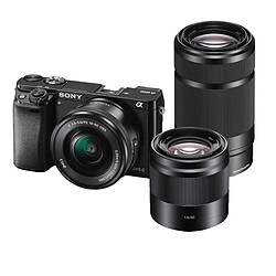 Sony Appareil Hybride + 16-50 + 55-210 + 50mm Noir - a6000 ALPHA 6000 NOIR + Objectif 16-50 ED f/3-5.5-6 + Objectif 55-210 f/ 4.5-6.3 + Objectif SEL FE 50 mm f/1.8 GARANTI 3 ans + Carte SD 4 Go + Sac