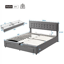 KOMHTOM Lit Double Capitonné 180 X 200 cm - Coffre et Tiroirs - Sommier À Lattes - Grand Rangement - Velours - Gris pas cher