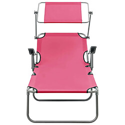 Helloshop26 Transat chaise longue bain de soleil lit de jardin terrasse meuble d'extérieur avec auvent acier rose 02_0012268