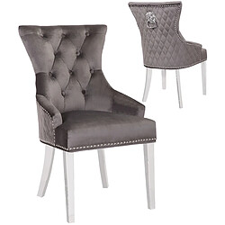 Vivenla Lot de 2 Chaises de salle à manger contemporain avec capitonnage et anneau décoratif tête de lion à l'arrière revêtement en velours gris foncé et piètement en acier inoxydable poli argenté collection MADISON 