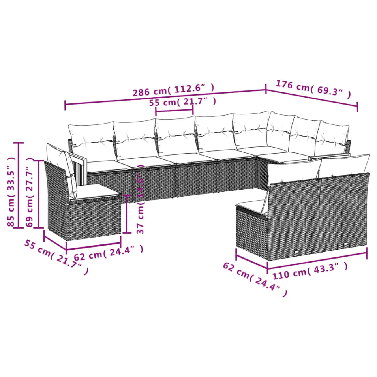 Avis Maison Chic Salon de jardin 10 pcs avec coussins, Ensemble Tables et chaises d'extérieur noir résine tressée -GKD372716