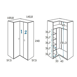 Inside 75 Armoire d'angle équerre porte droite pliante 140,8 x 240 cm finition chêne blanchis