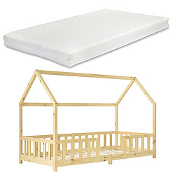 Lit d'enfant Forme Maison Sisimiut avec Matelas à Mousse à Froid 200 x 90 cm Naturel [en.casa]