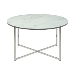 Toilinux Table basse ronde effet marbre en verre et métal - L.80 cm x H. 45 cm - Blanc