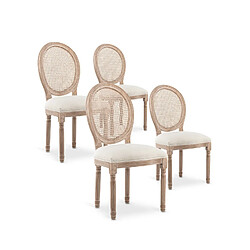 NC Lot de 4 chaises médaillon Louis XVI Cannage Rotin tissu Beige 