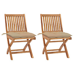 vidaXL Chaises de jardin lot de 2 et coussins beige Bois teck massif