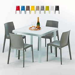 Table Carrée Blanche 90x90cm Avec 4 Chaises Colorées Grand Soleil Set Extérieur Bar Café Rome Love, Couleur: Gris 