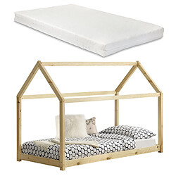 Decoshop26 Lit d'enfant cabane maison avec matelas et sommier à lattes en pin bois naturel 90 x 200 cm 03_0002642