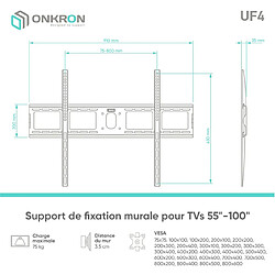 ONKRON Support Mural TV 55 Pouces - 100 Pouces Ecran & TV, Accroche Television Mural Poids de 75 kg Support TV Mural Fixe avec VESA 75x75 - VESA 800x600/Fixation Television Murale Universel UF4-B Noir pas cher