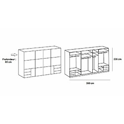 Avis Inside 75 Armoire coulissante LISBETH 4 portes chêne 6 tiroirs blanc 350 x 236 cm hauteur