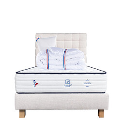 LUXURY LITERIE Ensemble matelas Patriote 90x190 cm + sommier beige ep20cm + oreiller + couette + Tête de Lit pas cher