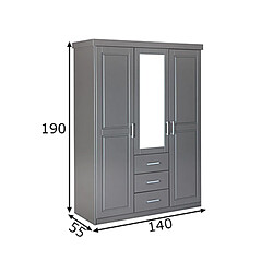 Pegane Armoire avec 3 portes coloris gris en Pin massif - largeur 140 x profondeur 55 x hauteur 190 cm pas cher