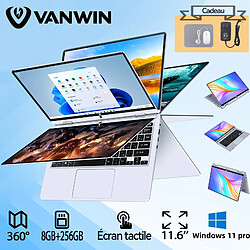 VANWIN PC Portable 11.6'' Intel Celeron N4020 8Go RAM 256Go SSD Win11 pro Écran tactile Rotation à 360° Bureautique Ordinateur portable avec 1920*1080 IPS WiFi6-AZERTY 