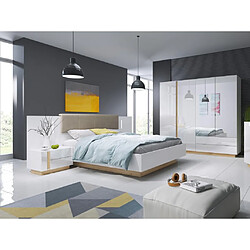 Vente-Unique Lit avec chevets 160 x 200 cm - Avec LEDs - Blanc et naturel + Sommier + Matelas - MURARI