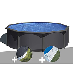 Kit piscine acier gris anthracite Gré Louko ronde 3,70 x 1,22 m + Bâche d'hivernage + Tapis de sol 