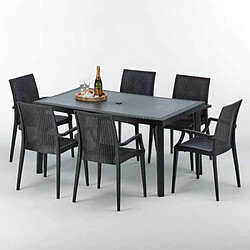 Grand Soleil Table rectangulaire et 6 chaises Poly rotin colorées 150x90cm noir Enjoy, Chaises Modèle: Bistrot Arm Anthracite noir 