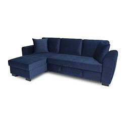 Canapé d'angle convertible HAMILTON 4 places - Tissu velours bleu - L 245 x P 140 x H 86 - Coffre de rangement