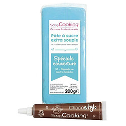 Scrapcooking Pâte à sucre de couverture bleu 200 g + Stylo chocolat