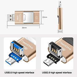 Avis Wewoo Clé USB iPhone iDisk 8 Go USB 2.0 + 8 broches + Mirco USB Ordinateur iPhone Android Double lecteur flash en métal doré