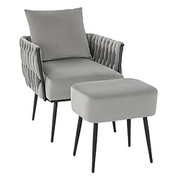 Helloshop26 Ensemble chaise d'appoint et ottoman moderne en velours hollandais chaise de loisirs dossier et accoudoirs tissés avec repose-pieds gris 20_0005298 