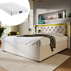 Sweiko Lit coffre Lit double LED avec rangement et tête de lit USB type C 160x200 cm Beige Avec matelas