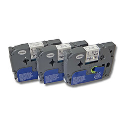 3x Cassette à ruban vhbw 9mm pour Brother P-Touch 200, 300, 500, 1000, 2000, 9000, 1010, 1080, 1090, 1200, 1200P . Remplace: TZ-221, TZE-221. 