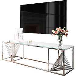 Vivenla Meuble tv design en acier inoxydable poli argenté et verre trempé L. 160 x P. 45 x H. 45 cm collection BOLZANO 