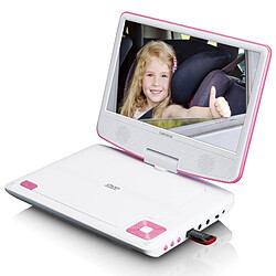 Lenco Lecteur DVD portable de 9 pouces avec casque, port USB et dispositif de suspension DVP-910PK Blanc-Rose