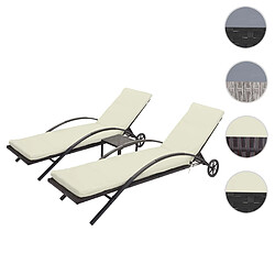 Mendler 2x Chaises longues HWC-E27 en polyrotin ~ brun, coussins crème-beige