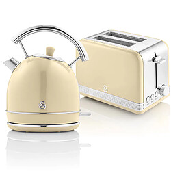 Retro Set Petit-Déjeuner Bouilloire 1,8L Sans fil, Grille-Pain 2 Larges Tranches, 850, Crème, SWAN, STP7050CNEU