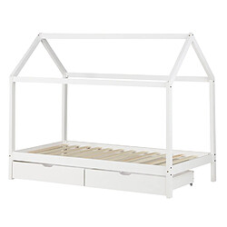 Decoshop26 Lit cabane maison pour enfant avec sommier à lattes tissu et tiroirs de rangement en bois de pin blanc 90x200cm LIT06205