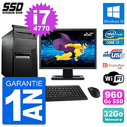 PC Tour Lenovo M93p Ecran 22" Intel i7-4770 RAM 32Go SSD 960Go Windows 10 Wifi - Occasion