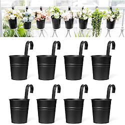 BESTA Lot de 8 pots de fleurs suspendus en métal avec seau en fer pour balustrade, balcon, jardin, décoration d'intérieur, support de fleurs avec crochet amovible, noir, 10,2 cm.