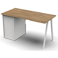 Pegane Bureau,table de travail en aggloméré finition chêne doré avec pied en métal blanc-Longueur 137.5 x Profondeur 67 x Hauteur 76 cm pas cher